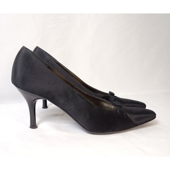 Vintage Ferragamo Black Grosgrain Ribbon Fabric Pumps Women 9.5 AA Bow Heels - Picture 3 of 11